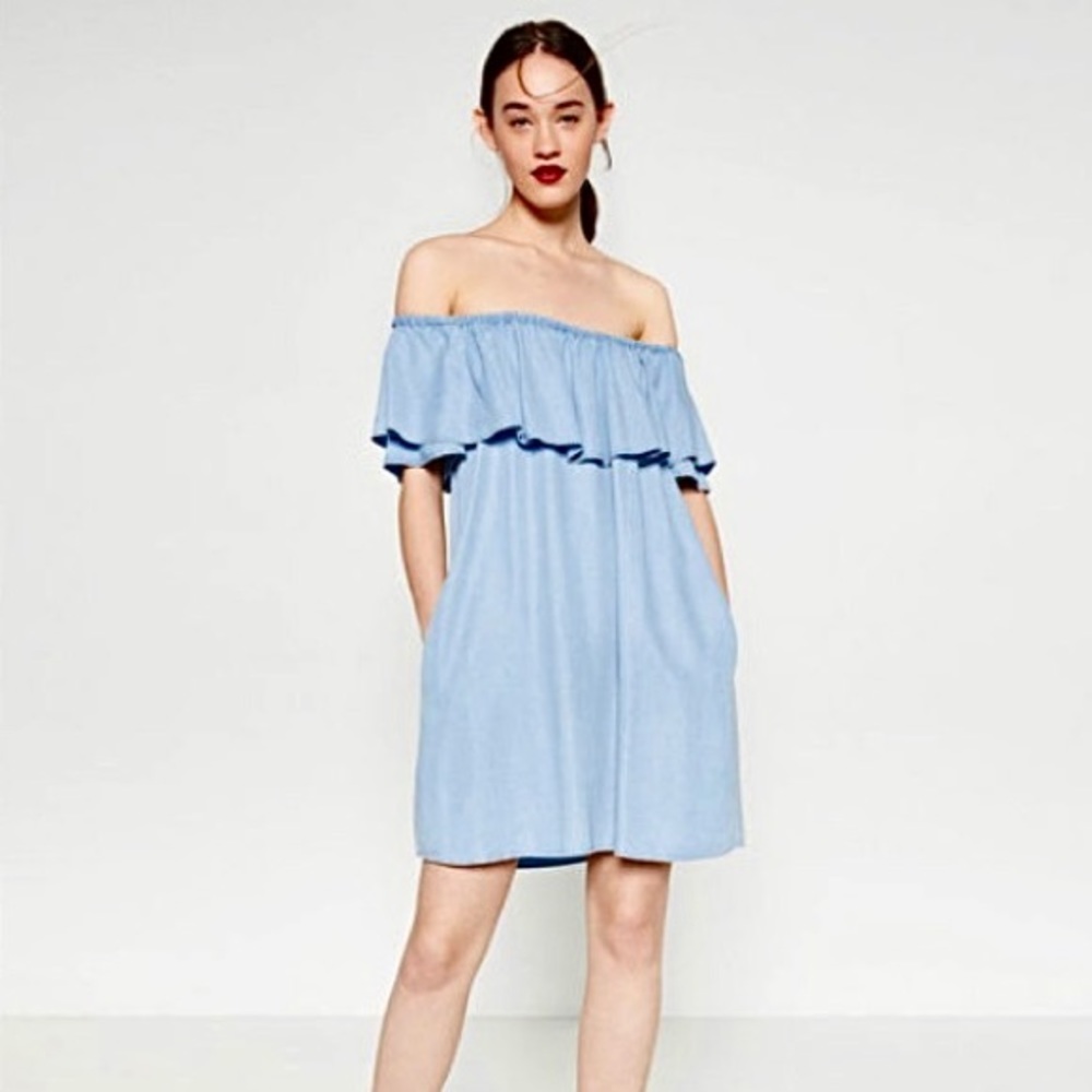 Zara Denim Off Shoulder Ruffle Dress